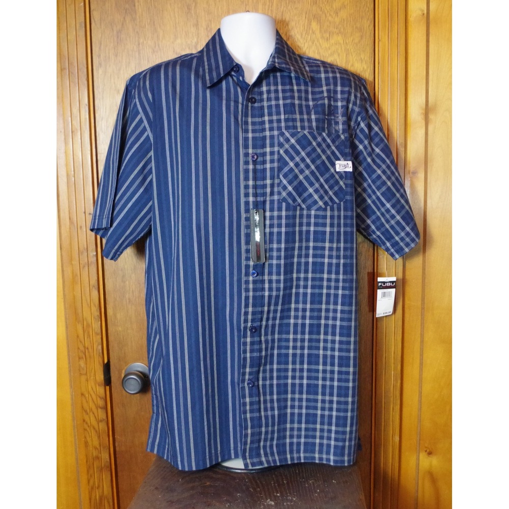 NWT FUBU The Collection Mens Medium Navy Blue Stripe Plaid Split‎ Panel Shirt